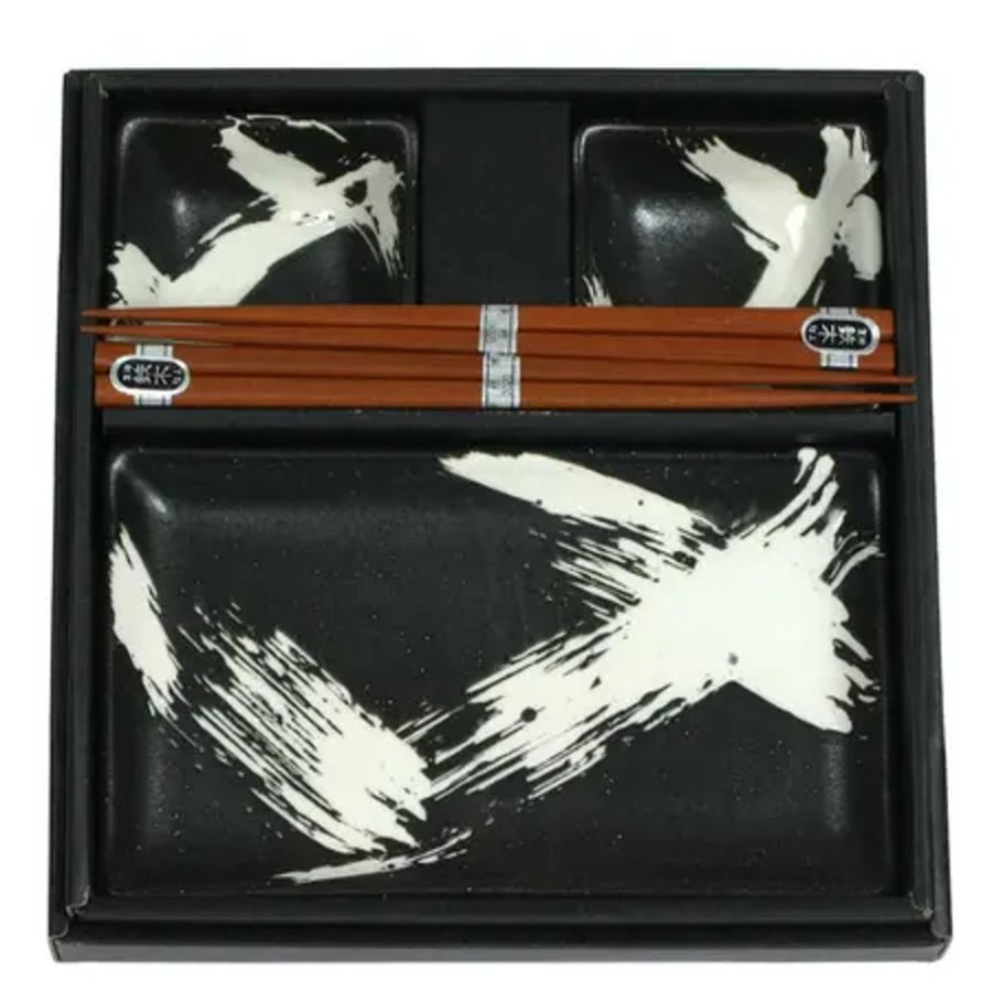 Tabletop Miya Company Plate Sets | Black Brush Stroke Sushi Set