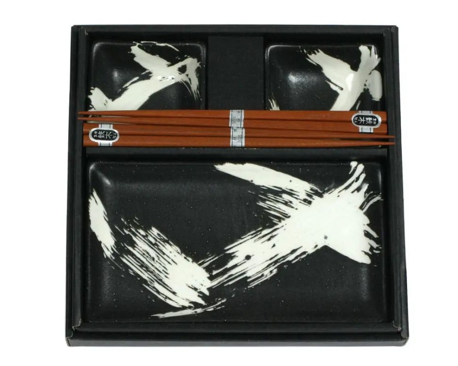 Tabletop Miya Company Plate Sets | Black Brush Stroke Sushi Set