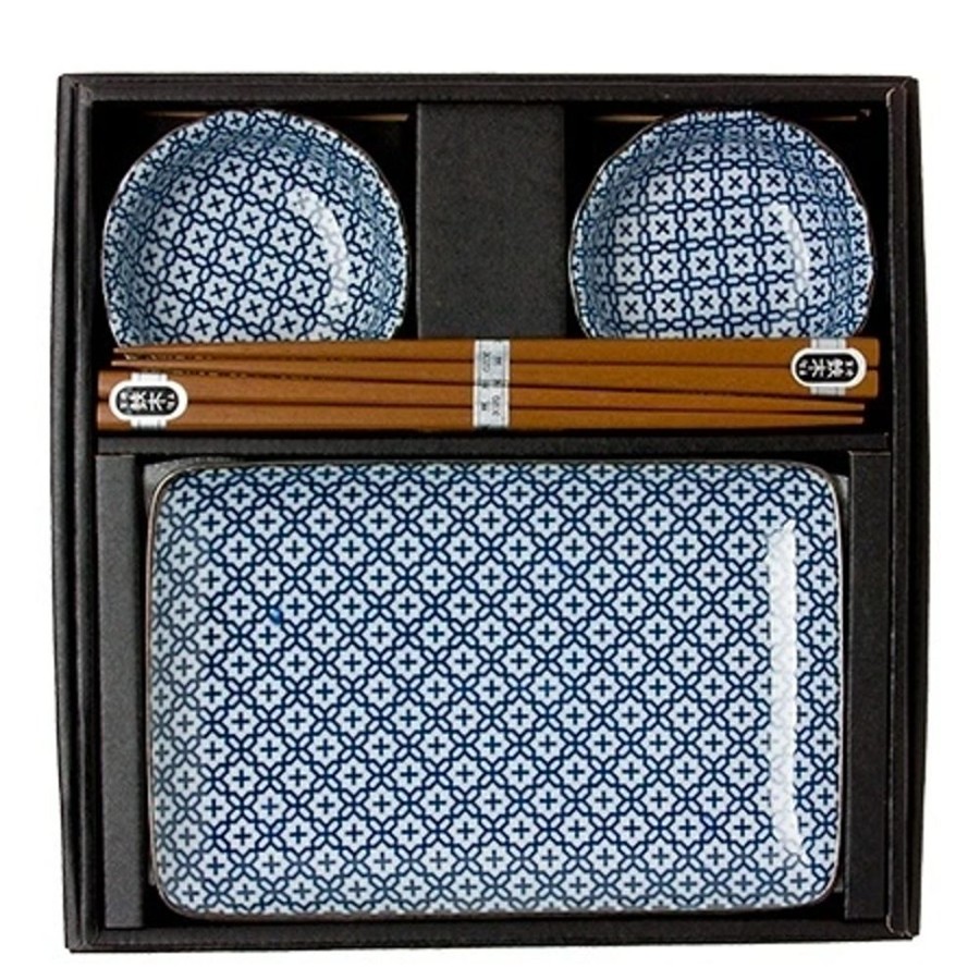 Tabletop Miya Company Medium Plates | Blue & White Cross Sushi Set