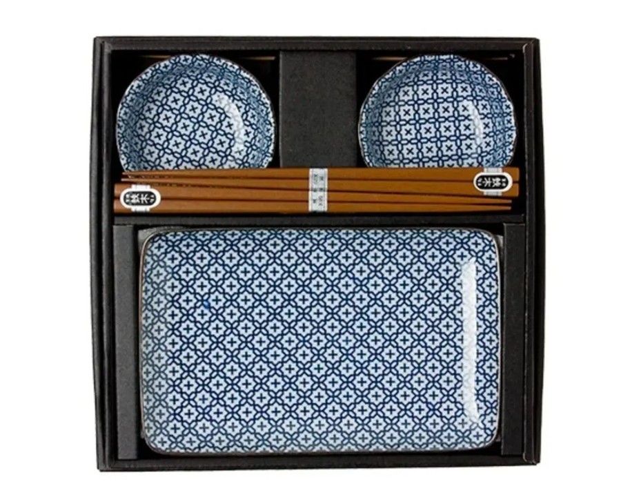Tabletop Miya Company Medium Plates | Blue & White Cross Sushi Set