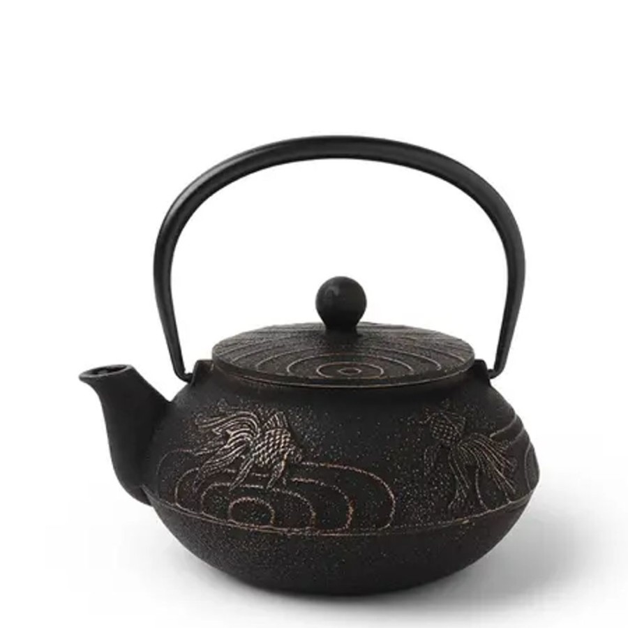 Tabletop Miya Company Teapots - Cast Iron | Cast Iron Teapot Black Goldfish