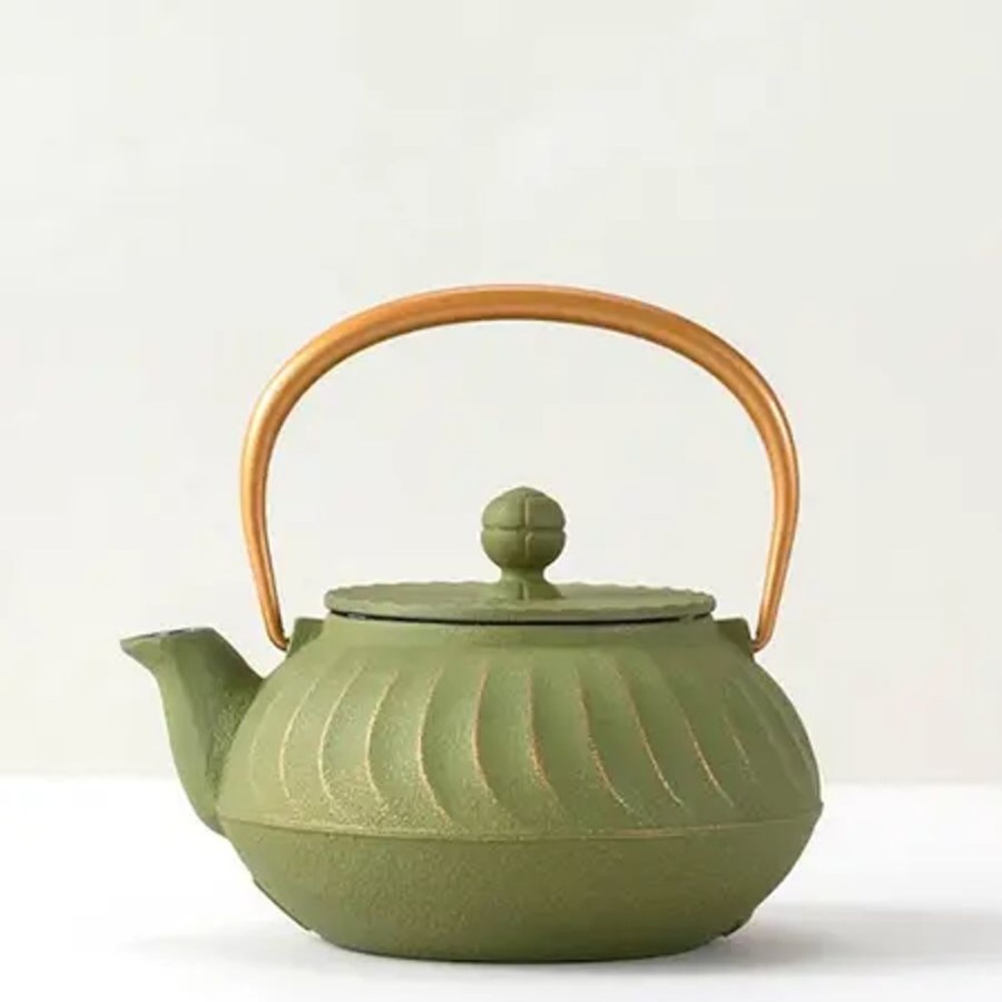 Tabletop Miya Company Teapots - Cast Iron | Cast Iron Teapot Olive Green Wave Gold Handle