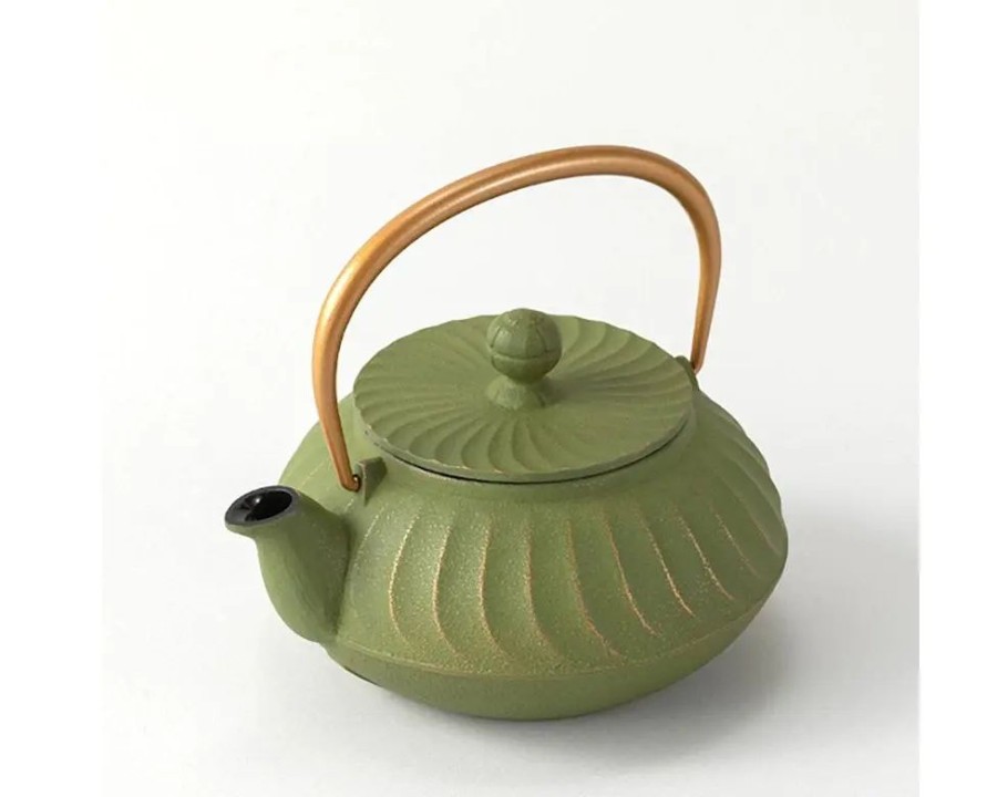 Tabletop Miya Company Teapots - Cast Iron | Cast Iron Teapot Olive Green Wave Gold Handle