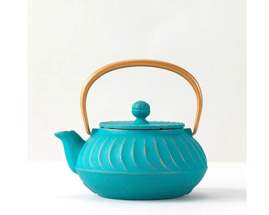 Tabletop Miya Company Teapots - Cast Iron | Cast Iron Teapot Teal Wave Gold Handle
