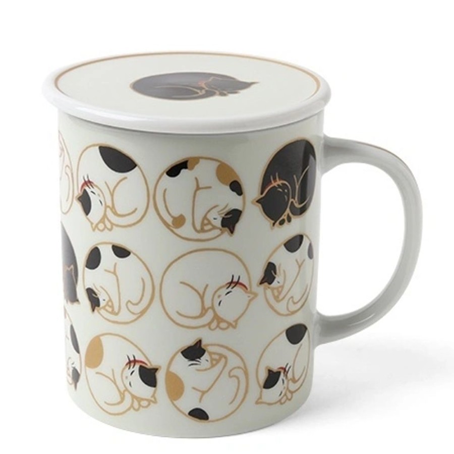 Whimsy Miya Company Cups/Mugs | Sleepy Cat 8 Oz. Lidded Mug - White