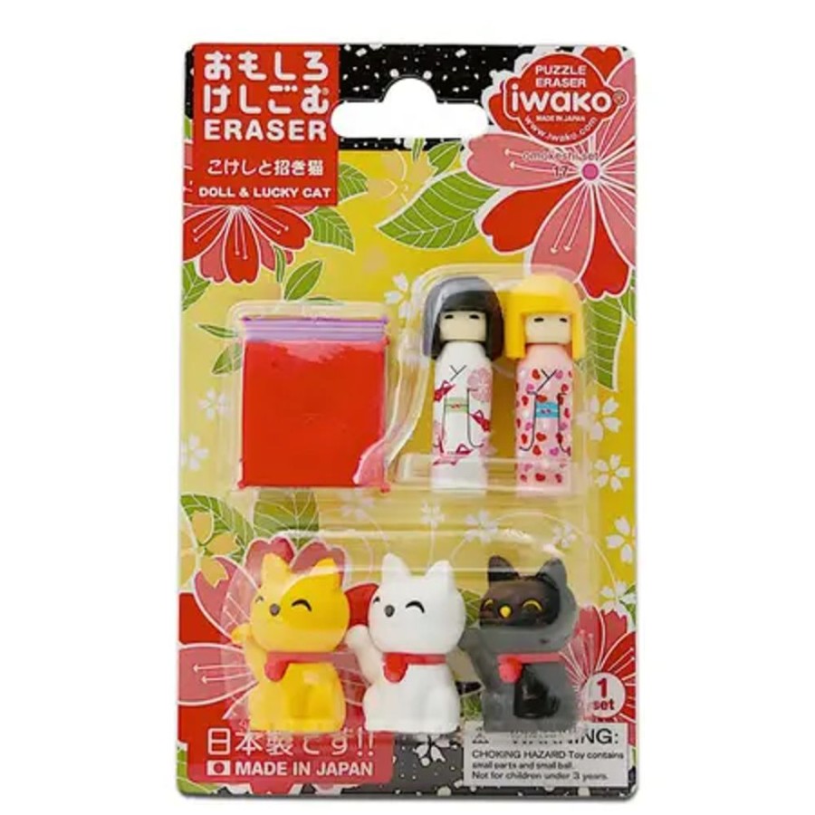 Whimsy Miya Company Figurines | Iwako Kokeshi Fortune Cat Eraser Pack At Miya