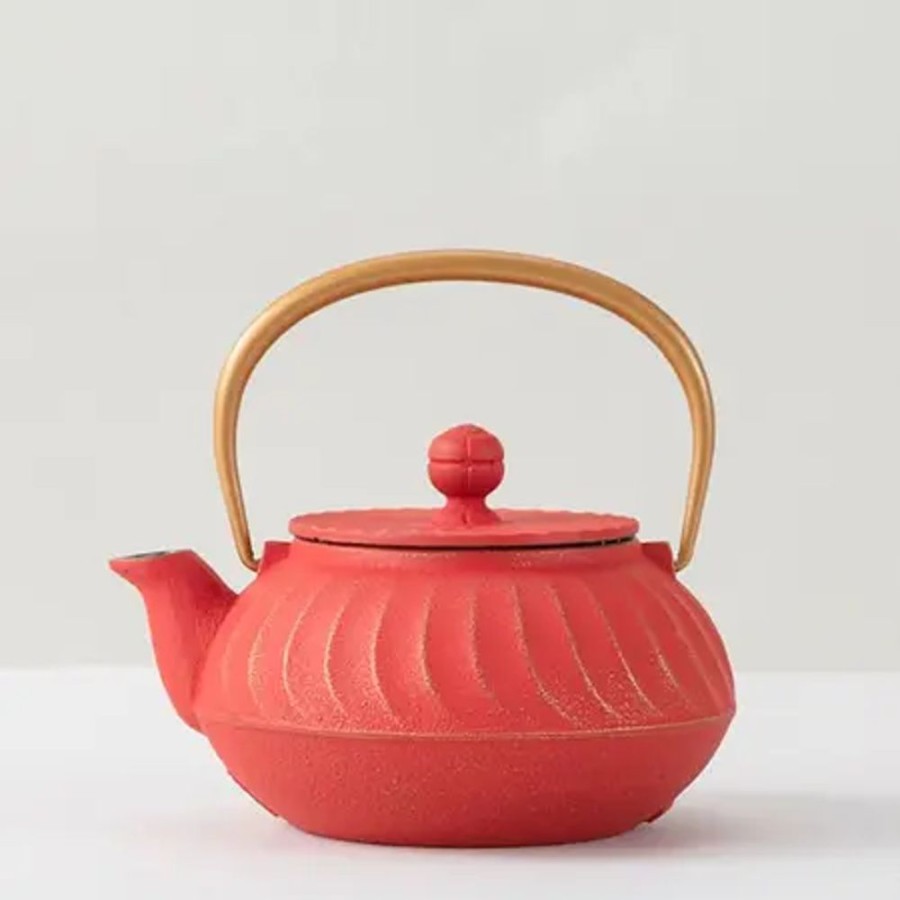 Tabletop Miya Company Teapots - Cast Iron | Cast Iron Teapot Red Wave Gold Handle