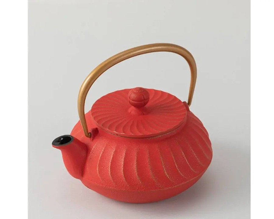 Tabletop Miya Company Teapots - Cast Iron | Cast Iron Teapot Red Wave Gold Handle