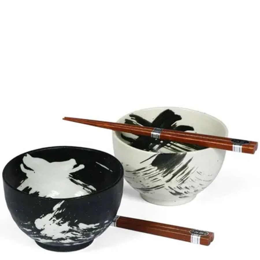 Tabletop Miya Company Bowl Sets | Black & White Brush Stroke 5" Bowl For Two Set