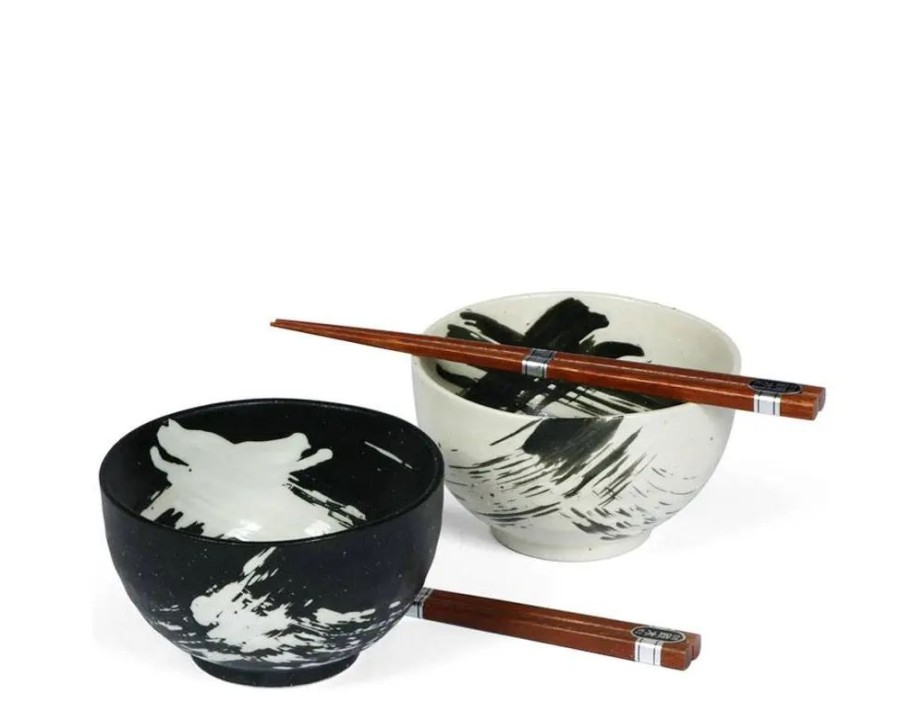 Tabletop Miya Company Bowl Sets | Black & White Brush Stroke 5" Bowl For Two Set