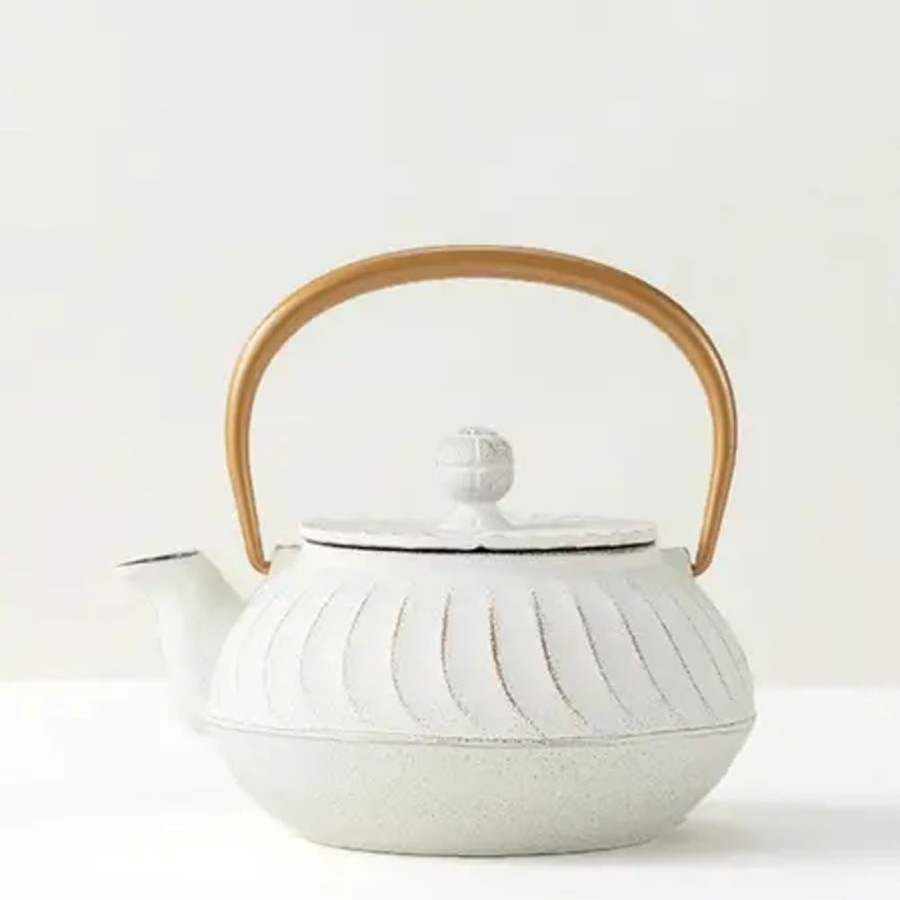 Tabletop Miya Company Teapots - Cast Iron | Cast Iron Teapot White Wave Gold Handle