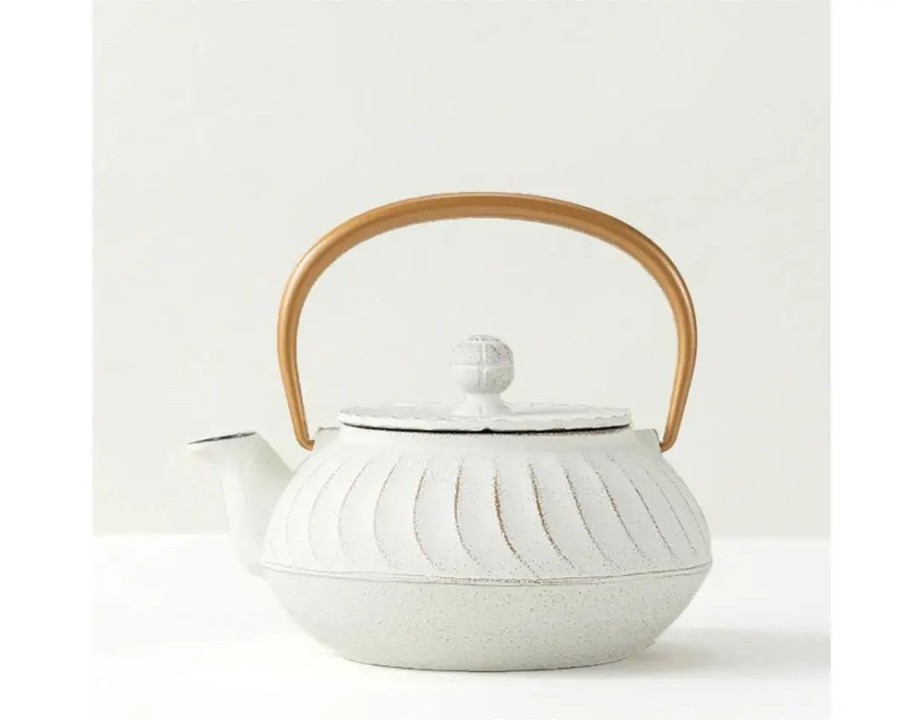 Tabletop Miya Company Teapots - Cast Iron | Cast Iron Teapot White Wave Gold Handle