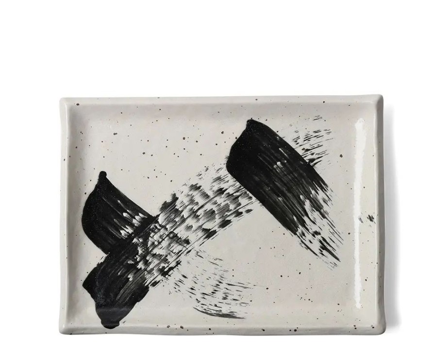 Tabletop Miya Company Serving Bowls & Plates | Black White Brush Rectangle Platter
