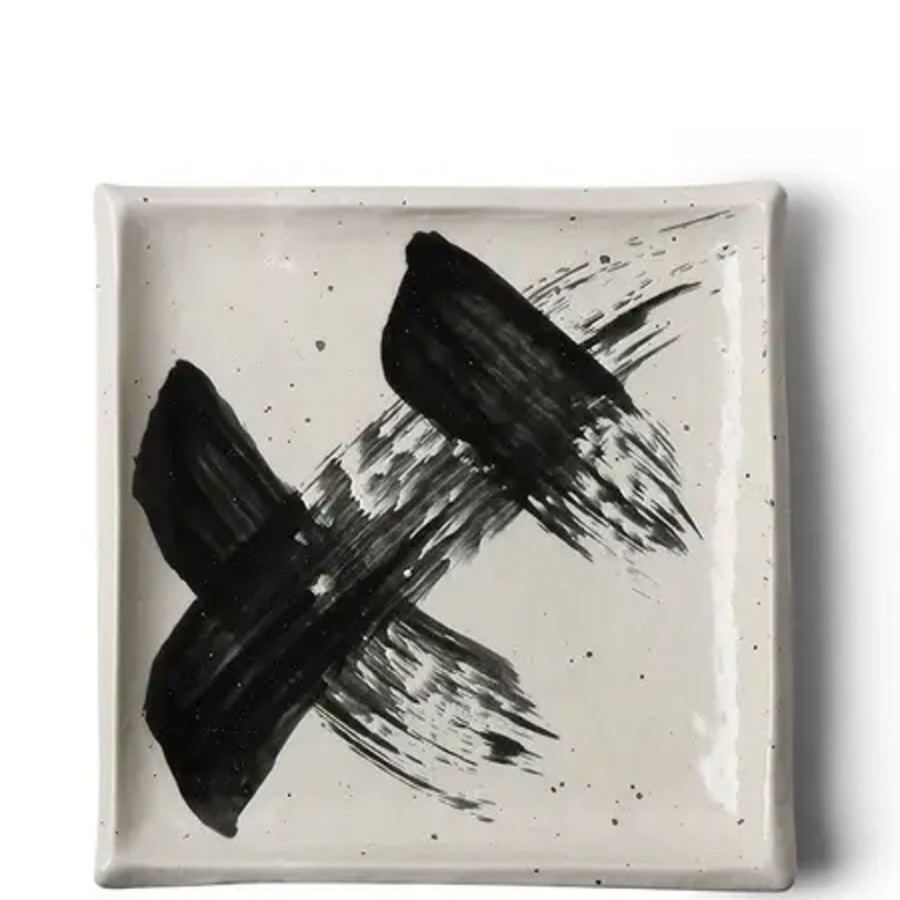 Tabletop Miya Company Large Plates | Black & White Brush Square Plate