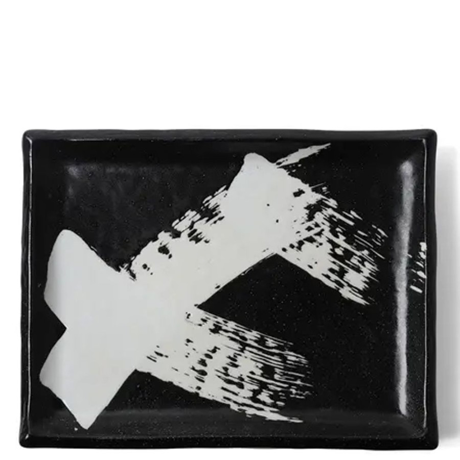 Tabletop Miya Company Serving Bowls & Plates | Black & White Brush Rectangle Platter
