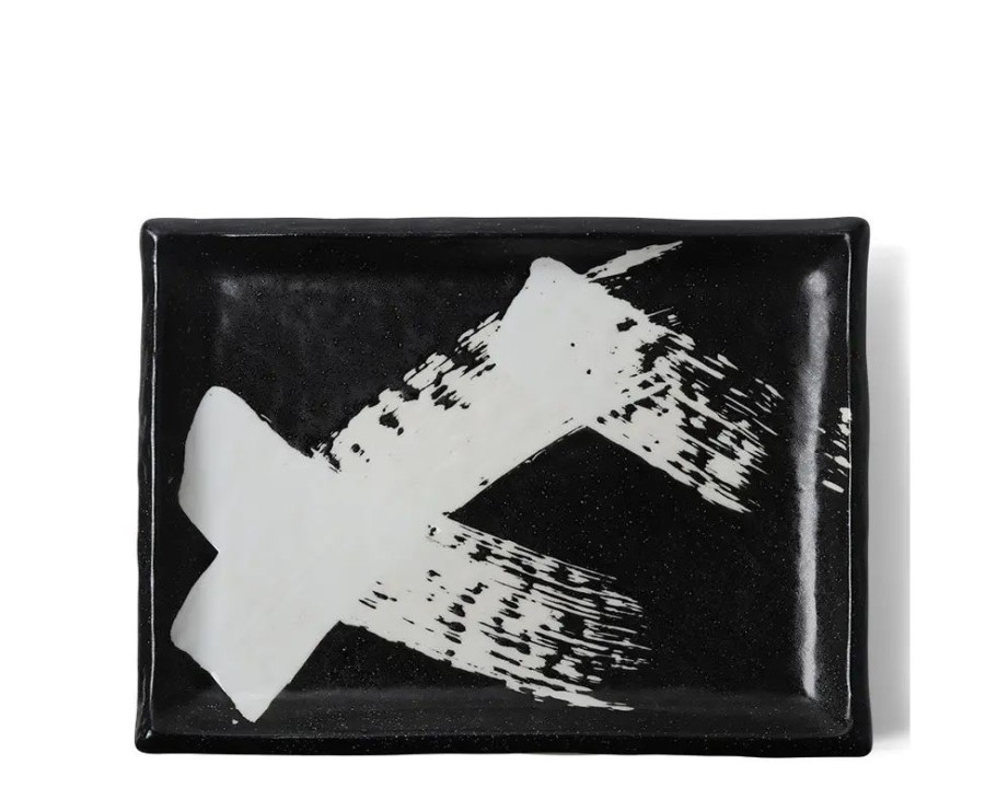 Tabletop Miya Company Serving Bowls & Plates | Black & White Brush Rectangle Platter