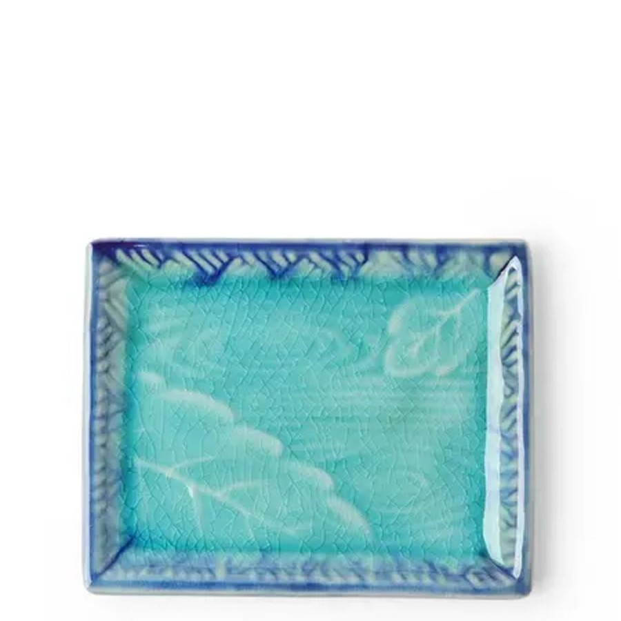 Tabletop Miya Company Small Plates | Plate Rectangle Turquoise Crackle Leaf/Pond