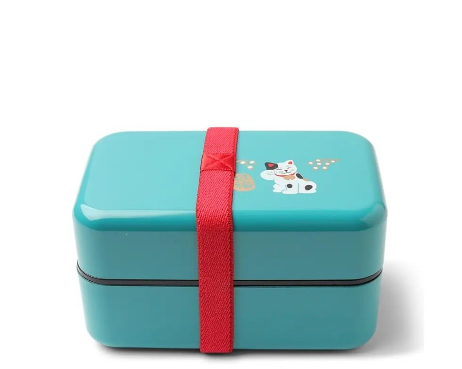 Whimsy Miya Company Bento Sets | Bento Box Fortune Cat Teal Blue