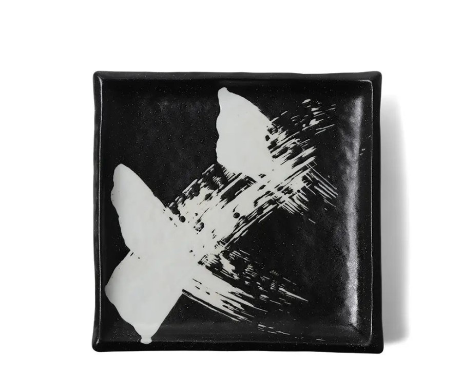 Tabletop Miya Company Medium Plates | Black & White Brush Square Plate